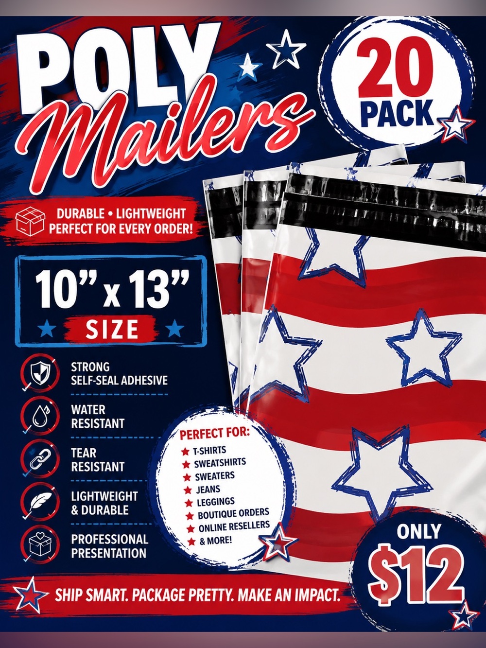 ★ 20 Pack 10x13 Patriotic Star Poly Mailers Boutique Shipping Bags